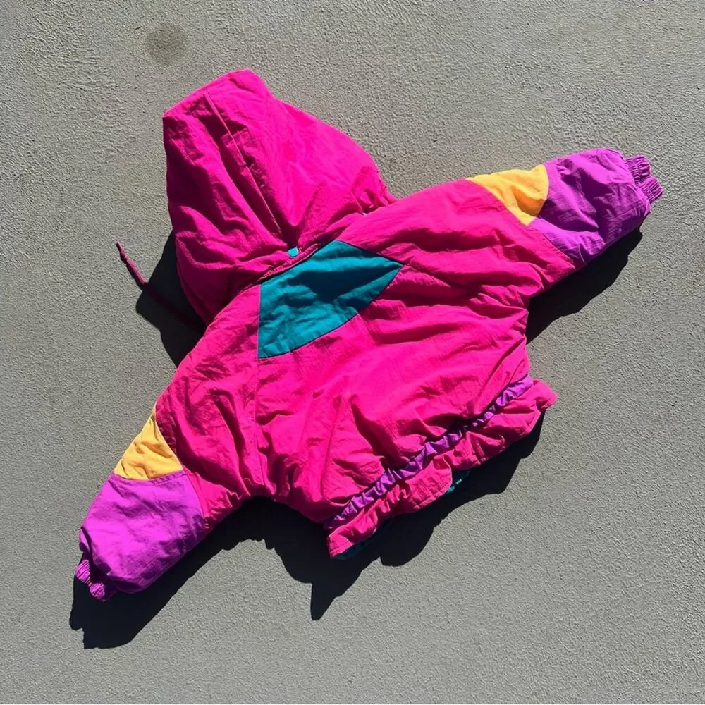 Vintage 90s OshKosh B’Gosh neon pink purple color block winter parka puffer coat